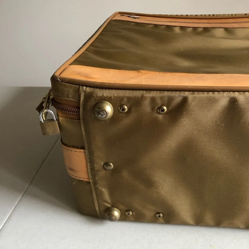 Vintage Hartmann Nylon Suitcase w/Outside Pocket In Olive w/Tan Leather Trim